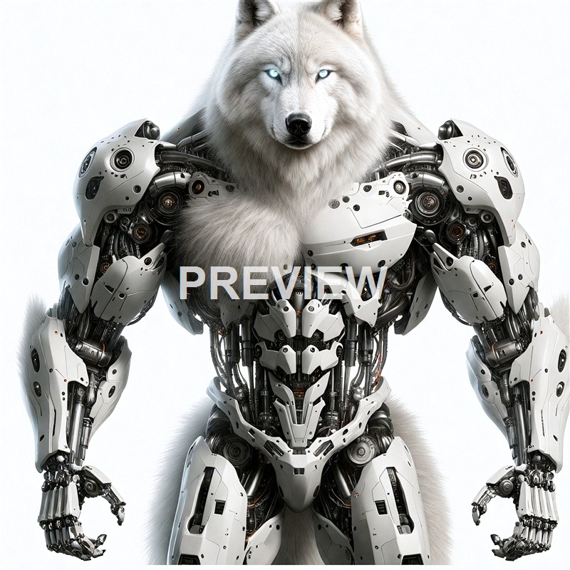 A humanoid robot with a white wolf's head and face, featuring glowing blue eyes, is depicted with a body made of intricate mechanical parts and armor plating.